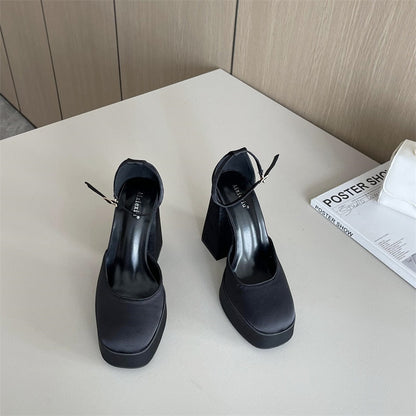 New Silk Wedding Party Women Pumps Sandals Punk Style Platform Buckle Strap Thick Square High Heels Shoes