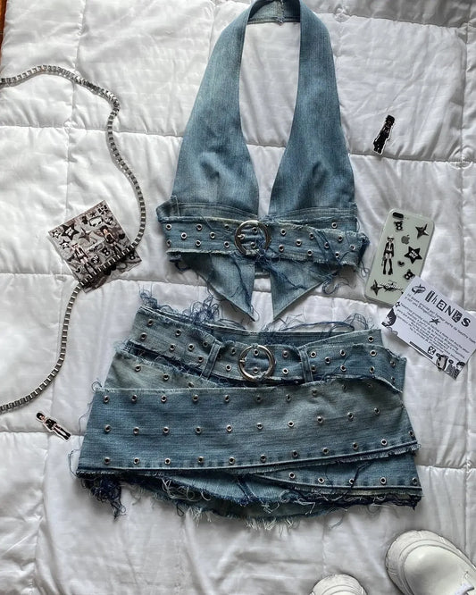 lovwvol Y2K Light Blue Two Piece Sets Womens Outfits Gothic Vintage Denim Skirt Tops Sets Harajuku Sexy Slim Halter Tops Mini Hip Skirt