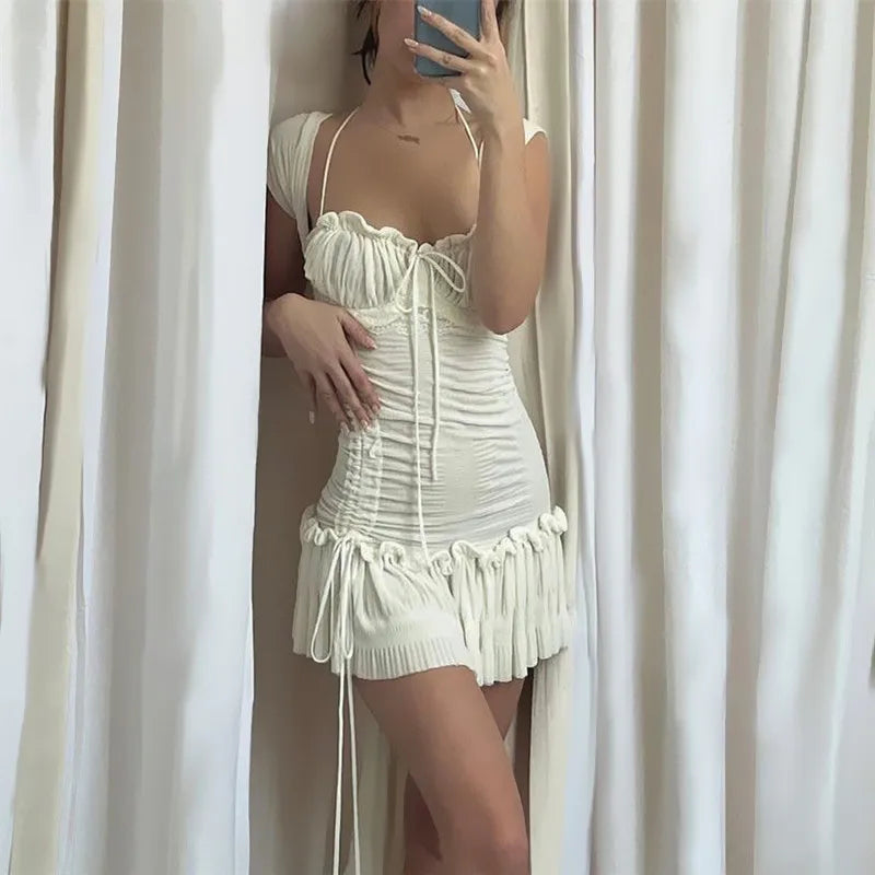 lovwvol Women Summer Short Skinny Mini Dress White Short Sleeve Low Cut Ruched Drawstring Dress