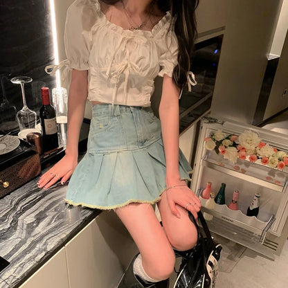 lovwvol New Do Old Denim Skirt For Students Female Spring Summer New Large Size High Waist Slimming Chic Frilled A-Line Pleated Skirt