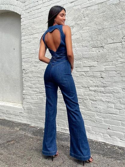 Denim Backless Sleeveless Jumpsuits Female Hollow Out Slim Fashion Heart Cutout Y2k Bodycon Jeans High Street Jumpsuits