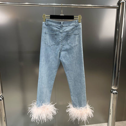 lovwvol Autumn Sleeveless Feathers Camisole Crop Top Blue Denim Pants Long Jeans Two Piece Set Women GF920