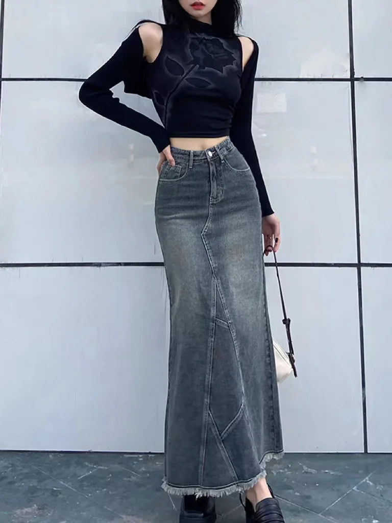 lovwvol  -  Autumn Retro Classic All-Match Skirt Women Casual Commuter Outing Tight Sexy Irregular Long Denim Vitality Skirt Girl Cool