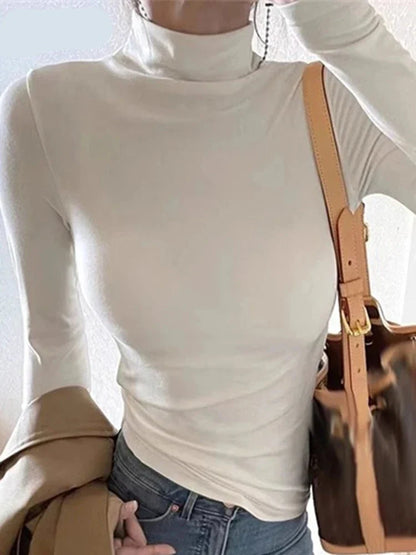 lovwvol White Long Sleeve Slim Basic Women's T-shirts Solid Color Fashion High Collar Simple Slight Stretch Chic Female Blouses