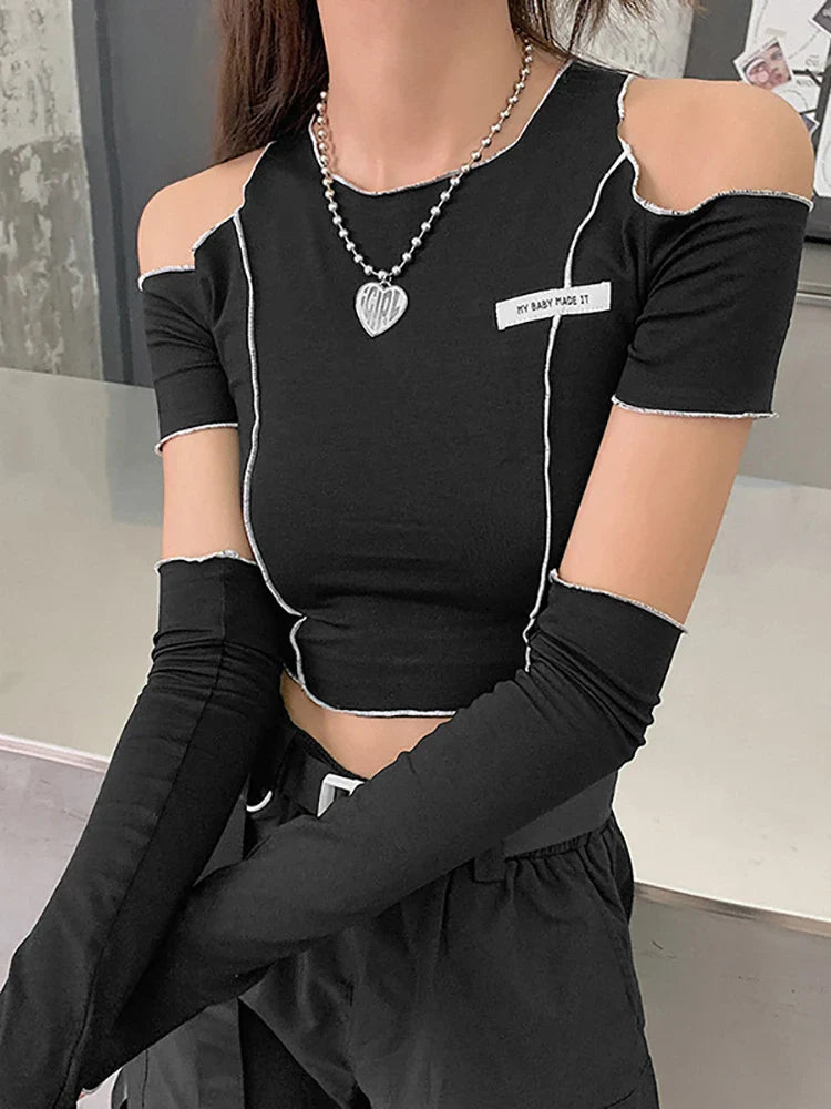 E-girl Style Patchwork Black T-shirts Gothic Open Shoulder Sleeve Y2k Crop Tops Ruffles Hem Hip Hop Techwear Women Tee