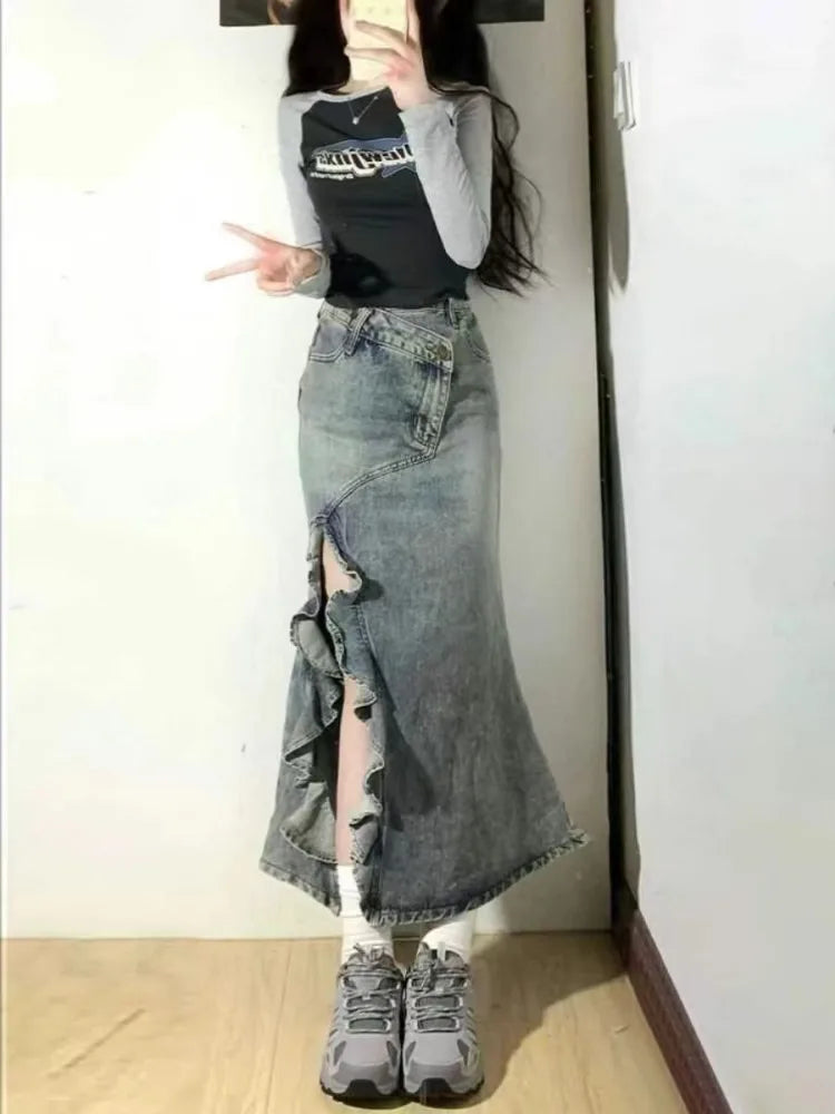 lovwvol Women's Mermaid  Skirt Clothes Blue Skirt Harajuku Korean Girl Casual Chic Fashion Vintage A-Line Denim Skirt Split Hem Coquette