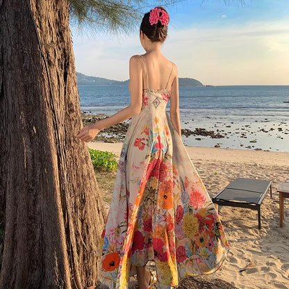 lovwvol Print Floral Vintage Beach Maxi Dress For Women Summer Sleevelesss Backless Spaghetti Strap Vestidos Elegant Evening Party Dress