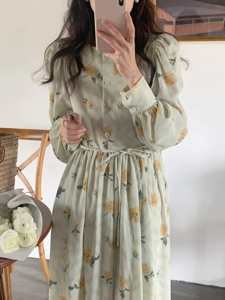 Korean style Women Sweet Floral Long Chiffon Dress with Belt Spring Autumn Round Collar High Waist Slim Dresses