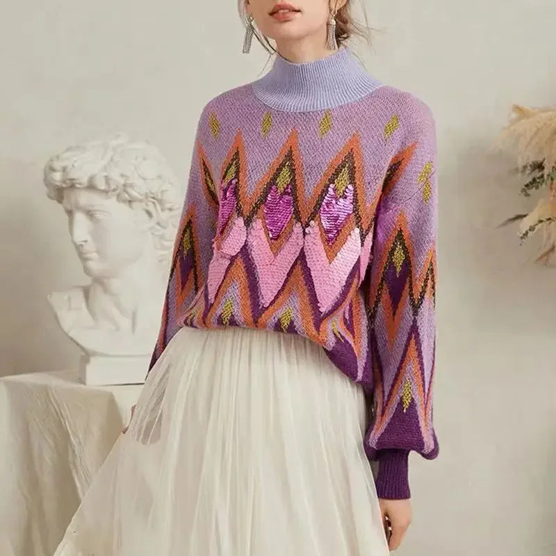 lovwvol Purple Sequin Embroidery Lazy Sweaters Women Vintage Long Sleeve Turtleneck Autumn Winter Knitted Pullover Warm Jumper