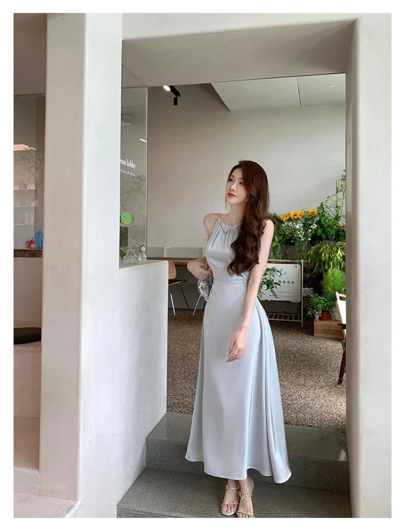 Summer Elegant Backless Satin Midi Dresses for Women Korean Fashion Sleeveless Slim Evening Party Female Casual Clothing