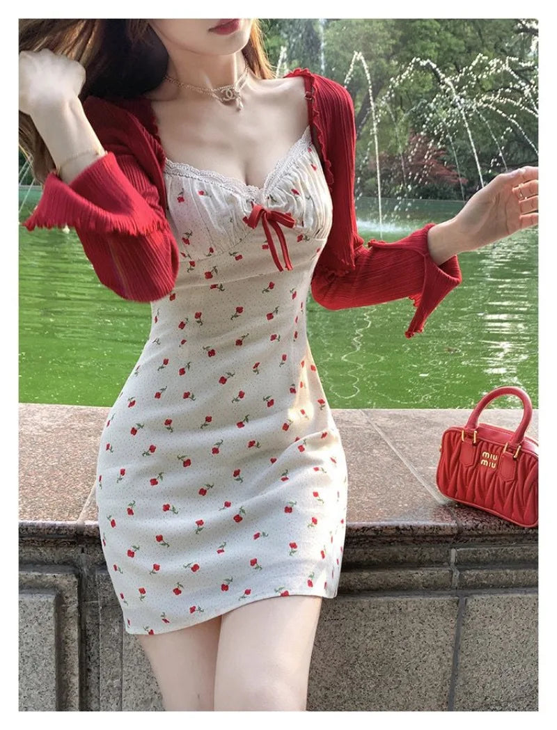 Sweet 2 Piece Dress Set Woman Red Long Sleeve Cardigan + Strap Floral Y2k Mini Dress Party Korean Fashion Suit Spring