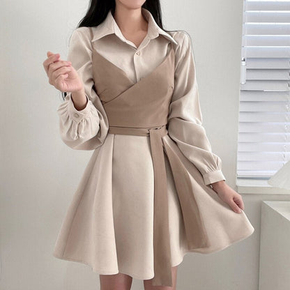 lovwvol Korean Chic Wrap-around Vest Sling Outdoor + Irregular Puff Sleeve Dress Women's Summer Two-piece Set Midi Dress