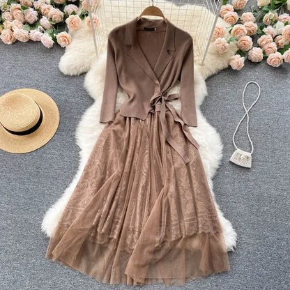 lovwvol FTLZZ Autumn Winter Women V-neck Sash Tie Up Dress Vintage Lady Lace Mesh Patchwork Dress Casual Knitting Dress