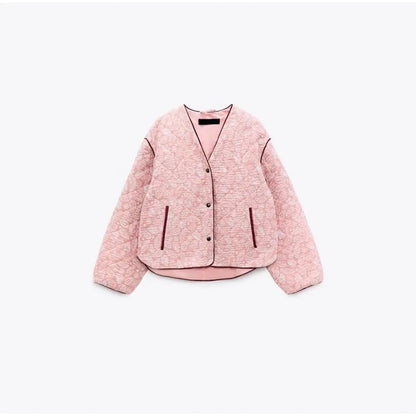 lovwvol Sweet Pink Print Cotton Coat Women Long Sleeves V Neck With Pocket Jacket  Autumn Winter Female Fashion Thick Warm Outwears