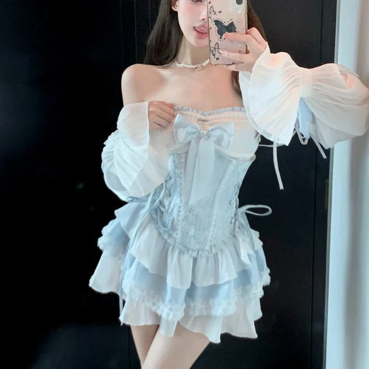 lovwvol  Blue Japanese Style Kawai Lolita Dress Women Sexy Slash Neck Bow Elegant Party Mini Dress Female Korean Fashion Princess Dress