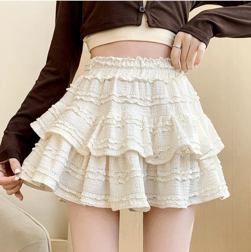 lovwvol Sweet Cute Lace Mini Skirt Women Kawaii White Ruffles Pleated Skirts Summer Korean High Waist Black Casual A Line Skirt