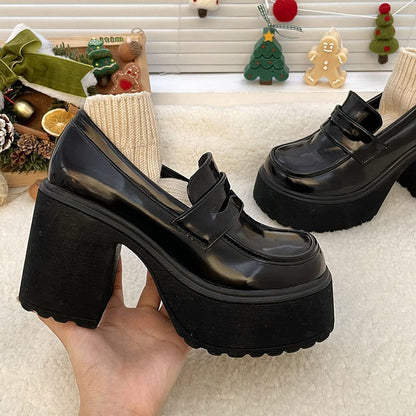 Super High Heels Loafers Women  Autumn Patent Leather Chunky Platform Pumps Woman Slip On Black Jk Uniform Shoes Mary Janes