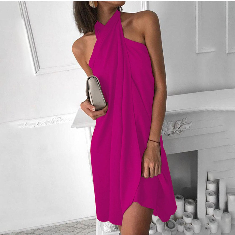 Women Sexy Halter Summer Dress Fashion Elegant Sleeveless Solid Irregular Loose Casual Boho Beach Dresses Robe Femme