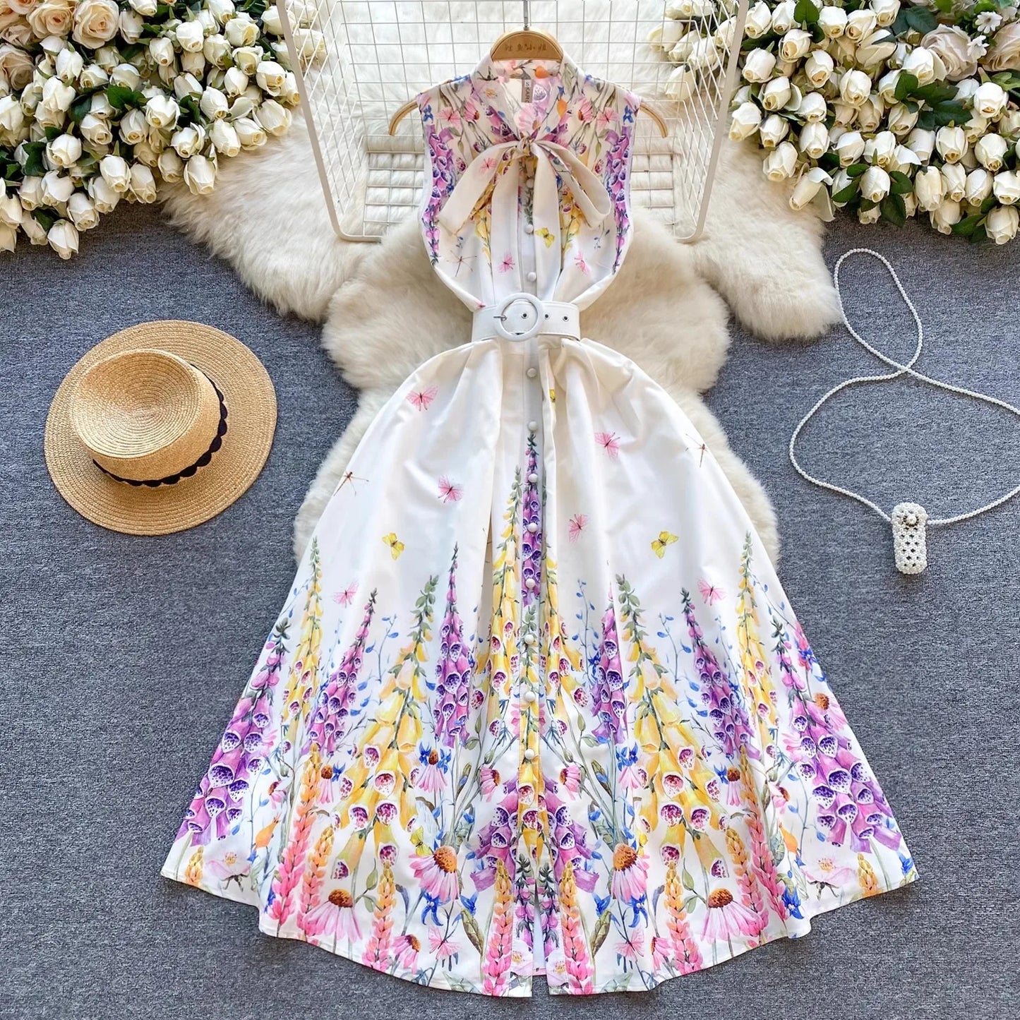 lovwvol Runway Summer Holiday Flower Tank Dress Women's Sleeveless Bow Neck Single Breasted Floral Print Belt Boho Vest Party