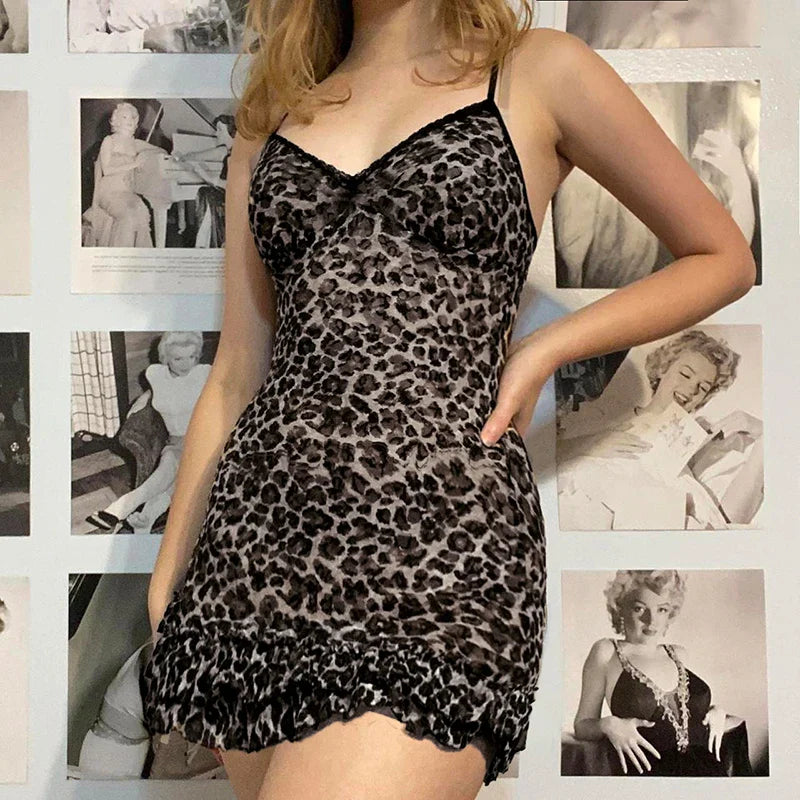 lovwvol Strap Vintage Y2K Leopard Sexy Dress Women Lace Trim Ruffles Chic Summer Party Dresses Mini 2000s Aesthetic Sundress