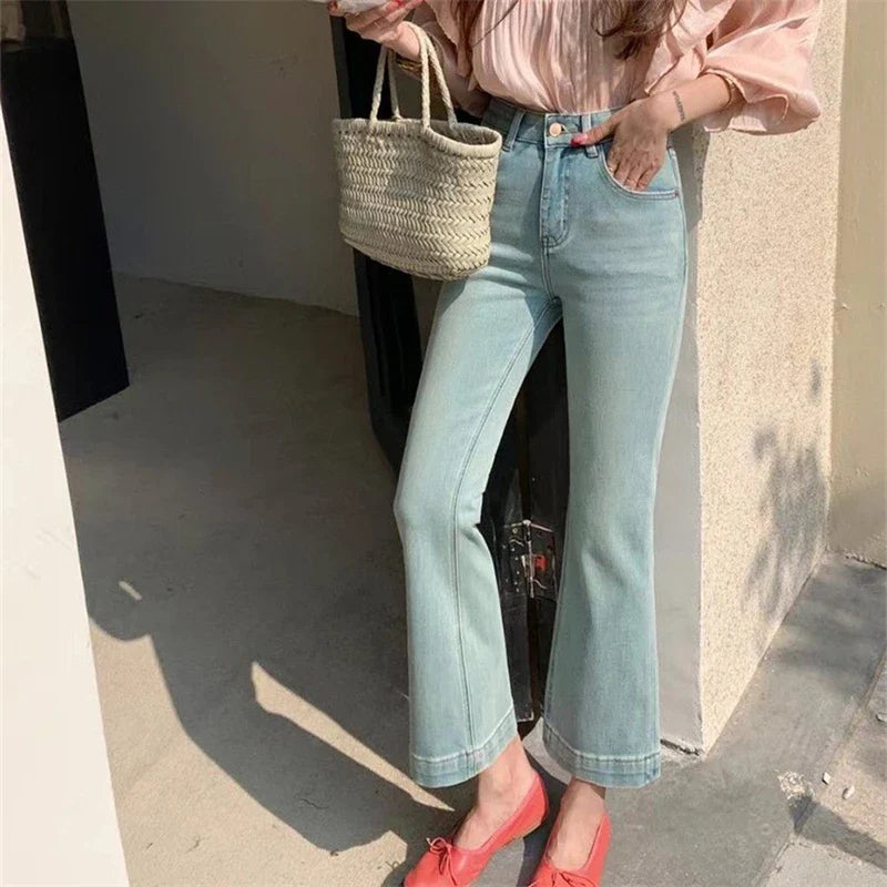 lovwvol Women's Wide Edged Micro Flared Jeans Young Girl ankle-length Denim Trousers Vintage Bottoms Female High Waisted Cropped Pants