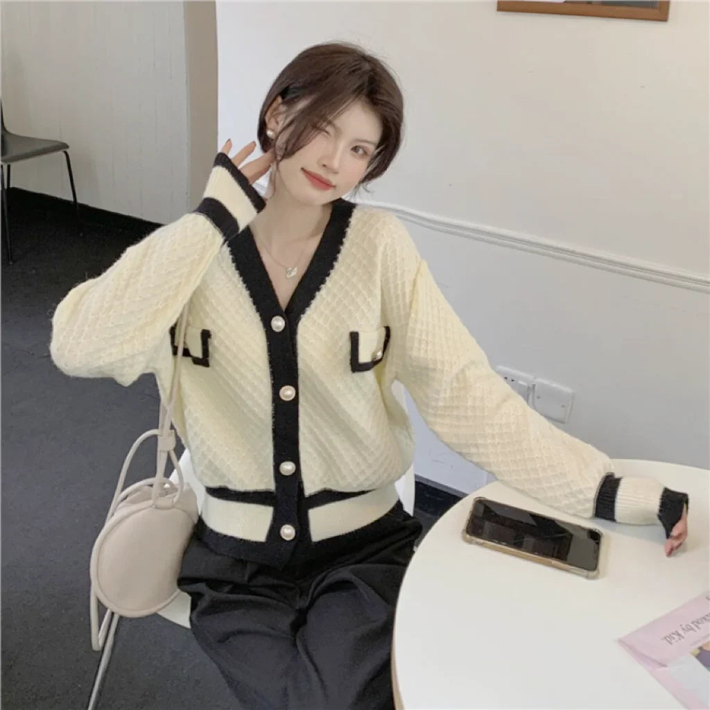 lovwvol   Korean Fashion Chic Vintage Sweater Retro Casual Lazy Sweaters For Women Knitted V-Neck Cardigans Elegant Tops Outwear