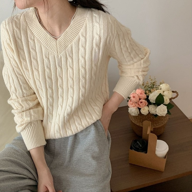 Women's Twist Pullover Knitted Sweater Solid Casual Jumper Fall  Winter Vintage Embroidered V-Neck Long Sleeve Top