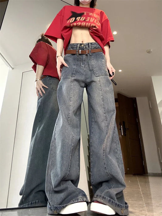 lovwvol Women's High Waisted Retro Blue Jeans Street Style Cool Girl Simple Bottoms Vintage Baggy Trousers Female Denim Straight Pants