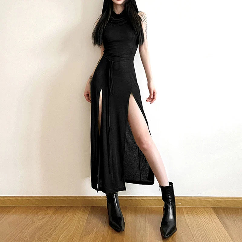 Cyber Gothic Desert Walker Hooded Dresses Y2k Punk Grunge Hollow Out Midi Dress Women Sexy Split Side Solid Streetwear