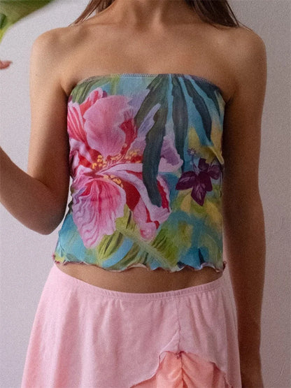 lovwvol Women Crop Tube Tops Slim Flower Print Off Shoulder Backless Strapless Mini Vest for Summer Club Sexy Tank Bustiers 