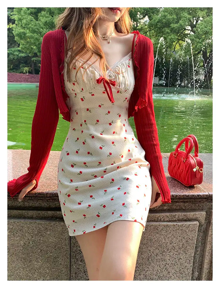 Sweet 2 Piece Dress Set Woman Red Long Sleeve Cardigan + Strap Floral Y2k Mini Dress Party Korean Fashion Suit Spring