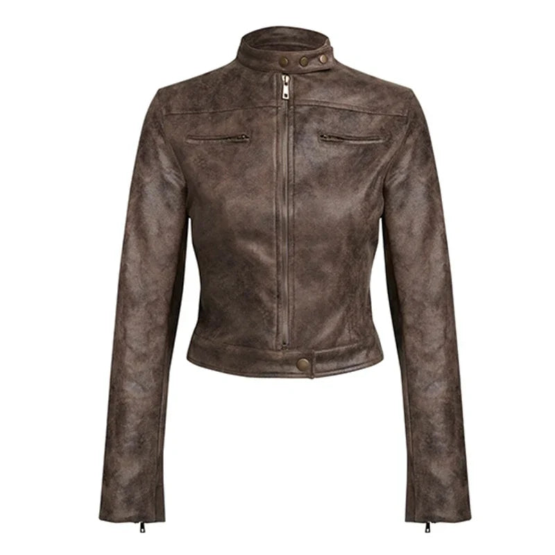 lovwvol Street Retro Brown Leather Jacket Coat Short Bomber Female Collar Cyberpunk Y2k Women Outerwear Acubi Fashion Clothes