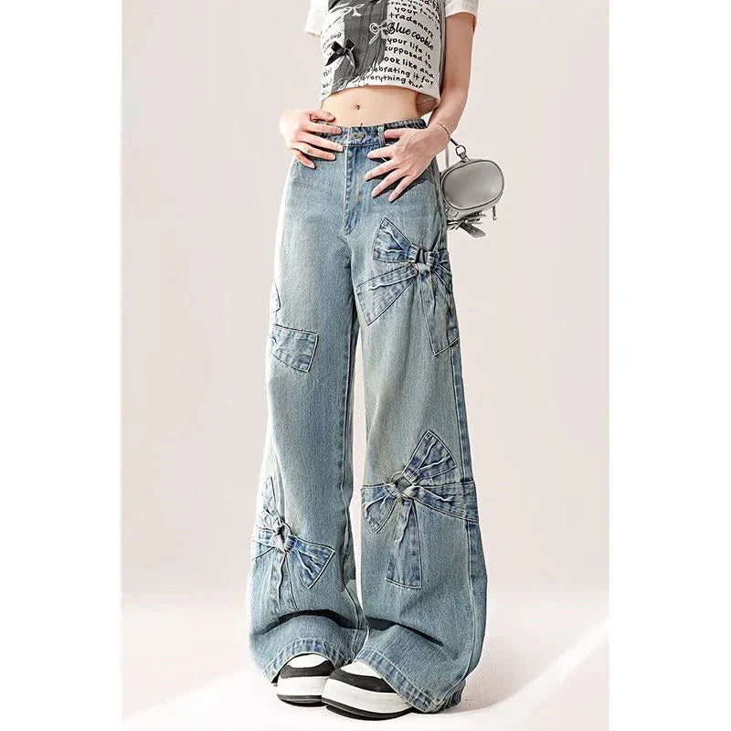 lovwvol Women's Bow Pattern Design Blue Jeans Cool Girl High Waisted Fashion Loose Pants Female Straight Retro Denim Trousers