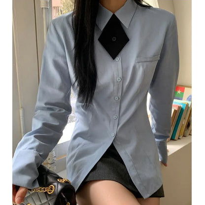 lovwvol Preppy Style Blue Shirts Women Korean Style Blouses with Tie Casual Long Sleeve Slim Cute Tops Basic Japanese Fashion