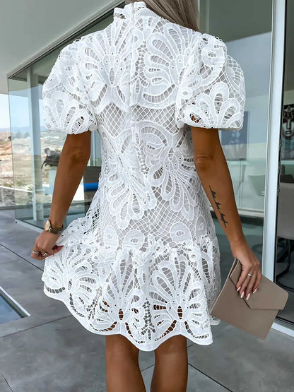 lovwvol  White Lace Dress Women Summer Sexy Hollow Out Embroidered Mini Dresses Female Vintage Elegant Fashion Puff Sleeve Short Dresses