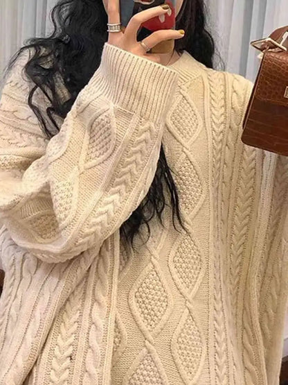 lovwvol Women Chunky Cable Knit Sweater Pink Ivory Crew Neck Oversized Jumper Pullovers Autumn Winter Outfit