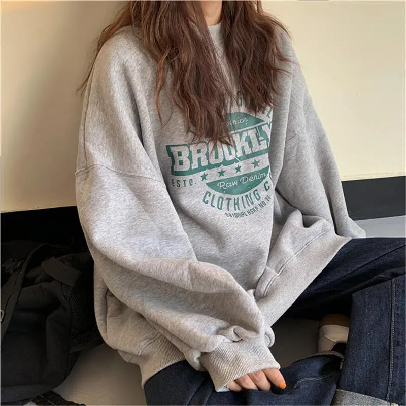 Harajuku Gray Sweatshirts Women Hip Hop Letter Print Hoodies Oversized Loose Crewneck Pullover Tops Korean Streetwear