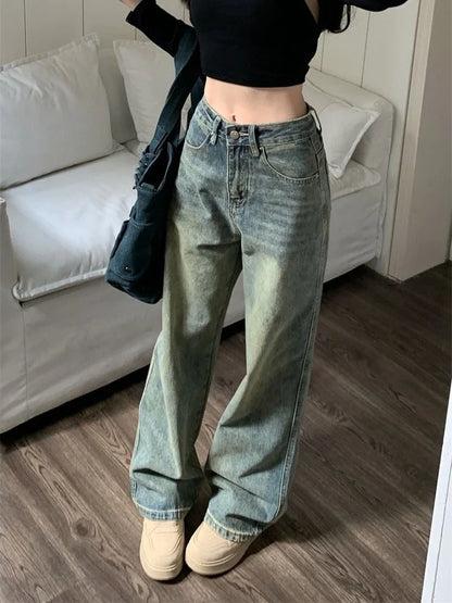 lovwvol   Y2k Baggy Wide Leg Jeans Women Vintage Streetwear Washed Denim Pants Grunge Basic Slouchy Blue Trousers Femme Spring