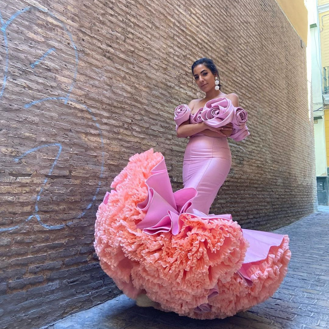 Traditional Sweet Pink Satin Spanish Style Prom Dress Elegant Ruffled Pleated Tulle Mermaid Dresses Floral Off Shoulders Gowns