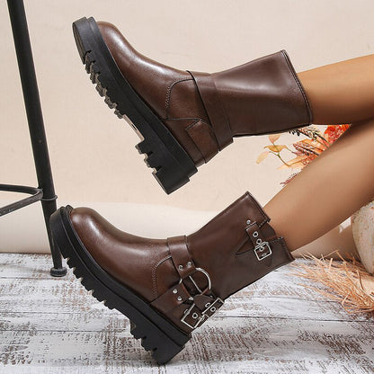 Metal Decor Platform Ankle Boots Women 2023 Autumn Black Thick Bottom Short Botas Woman Plus Size 43 Pu Leather Motorcycle Shoes