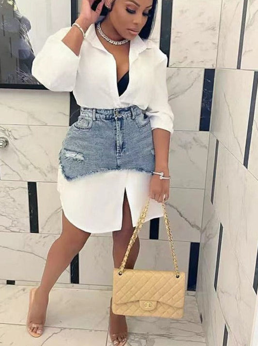 Solid Lapel Long Sleeve Single Breasted Shirt Dress and Irregular Denim Skirt Two Piece Set Women 2023 Cute Street Outfit