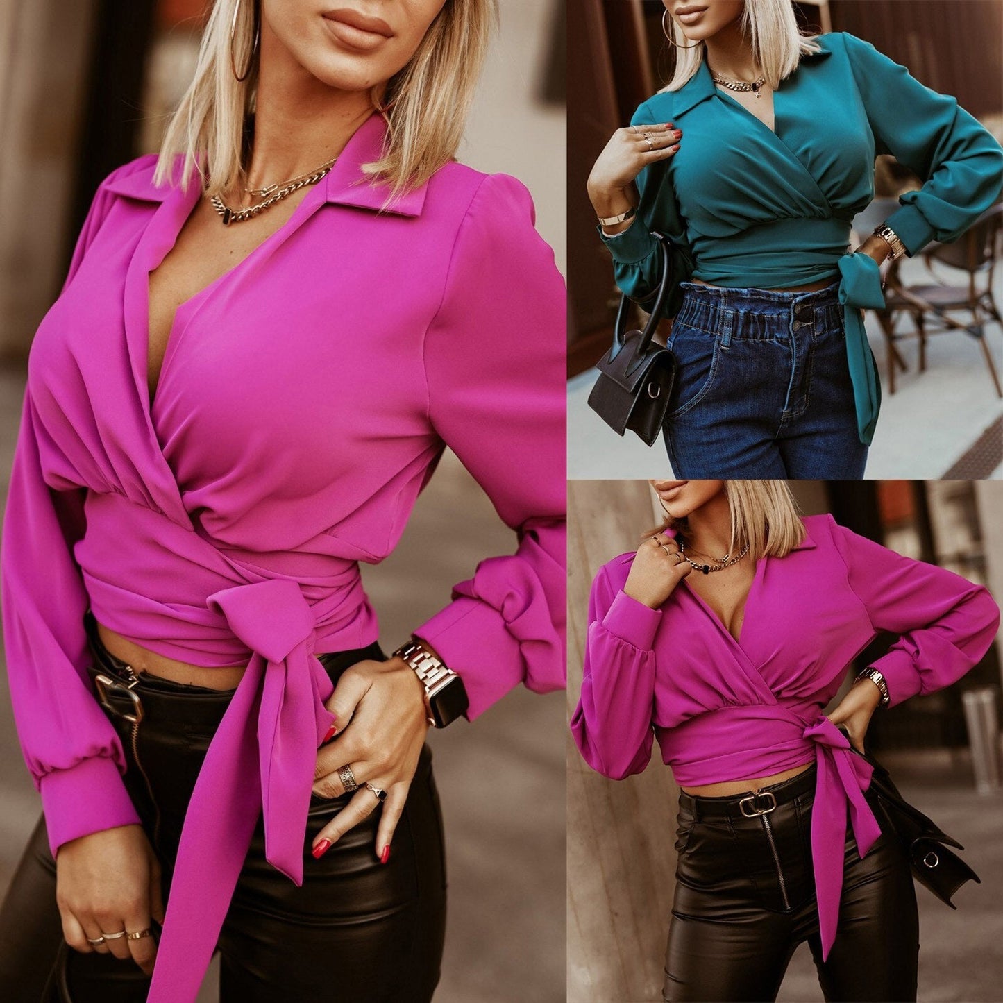 Button up Women Tunic Shirts Casual Boho Solid Lace up V Neck Long Sleeve Shirts Tops Elegant Blouses Strap Wrap Dress Top Blusa