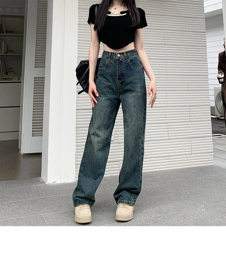 lovwvol Vintage Wide Leg Jeans Women Y2k High Waist Harajuku Streetwear Pants Korean Fashion Straight Casual Loose Denim Trousers