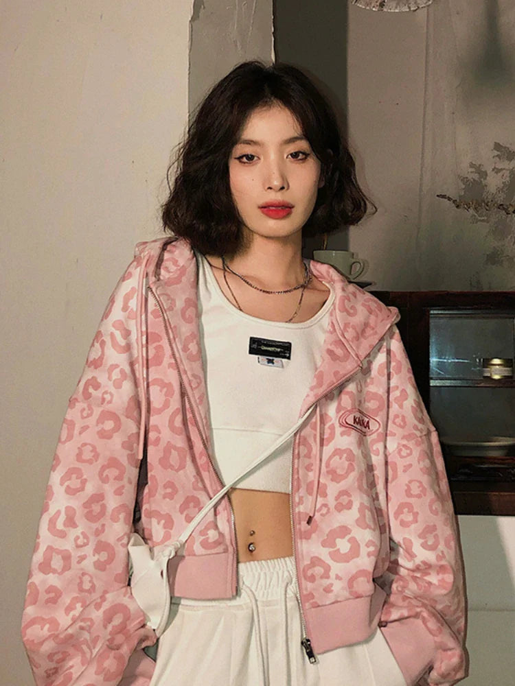 Preppy Style Pink Sweatshirts Leopard Print Y2K Harajuku Oversized Hoodies Women Vintage Zipper Cropped Top Cute Jacket