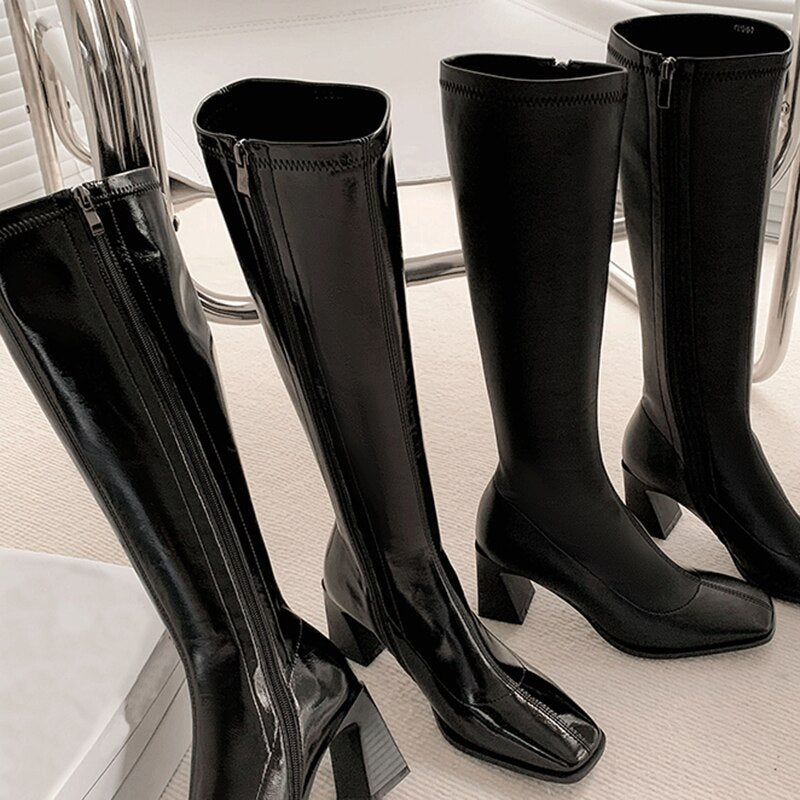 Patent Leather High Heels Long Boots Women Autumn Square Toe Knee-high Botas Woman Side Zipper Thick Heeled Shoes Female