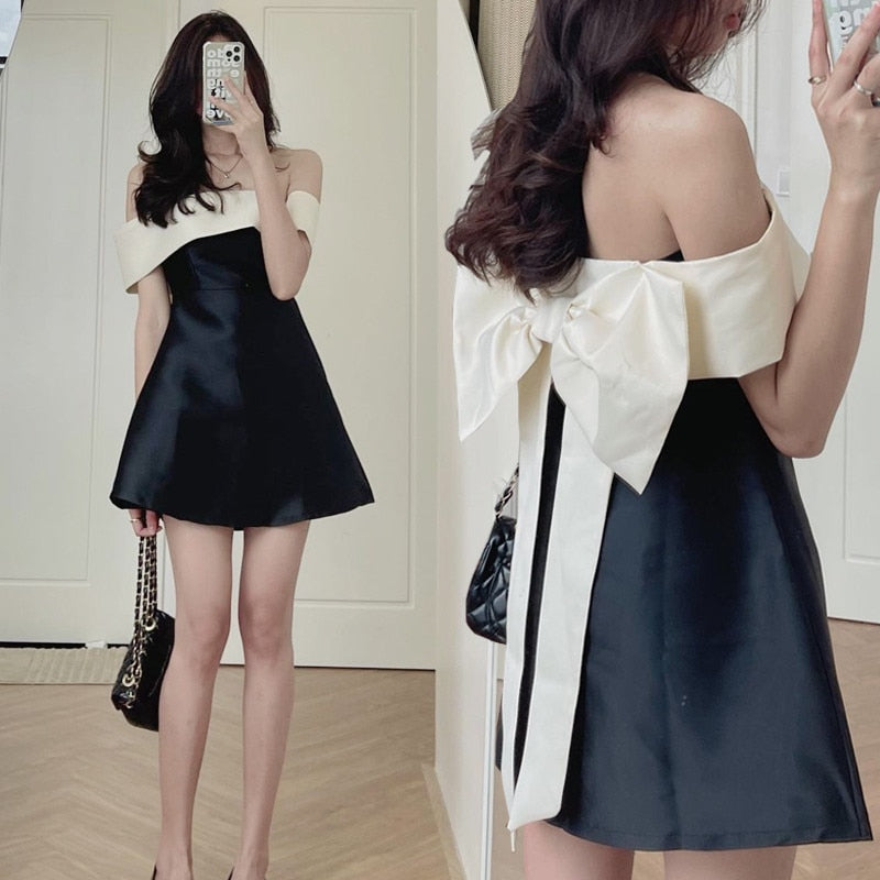 Elegant Lady New Summer Evening Party Dress Chic Slash Neck Back Bow A Line Little Black Dress Sexy Off Shoulder Slim Mini Dress