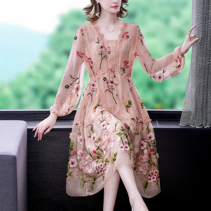 lovwvol New 2024 Women's Summer Runway  Embroidered Long Dress Ladies V-neck Lantern Sleeve Mesh Vintage Party Dress