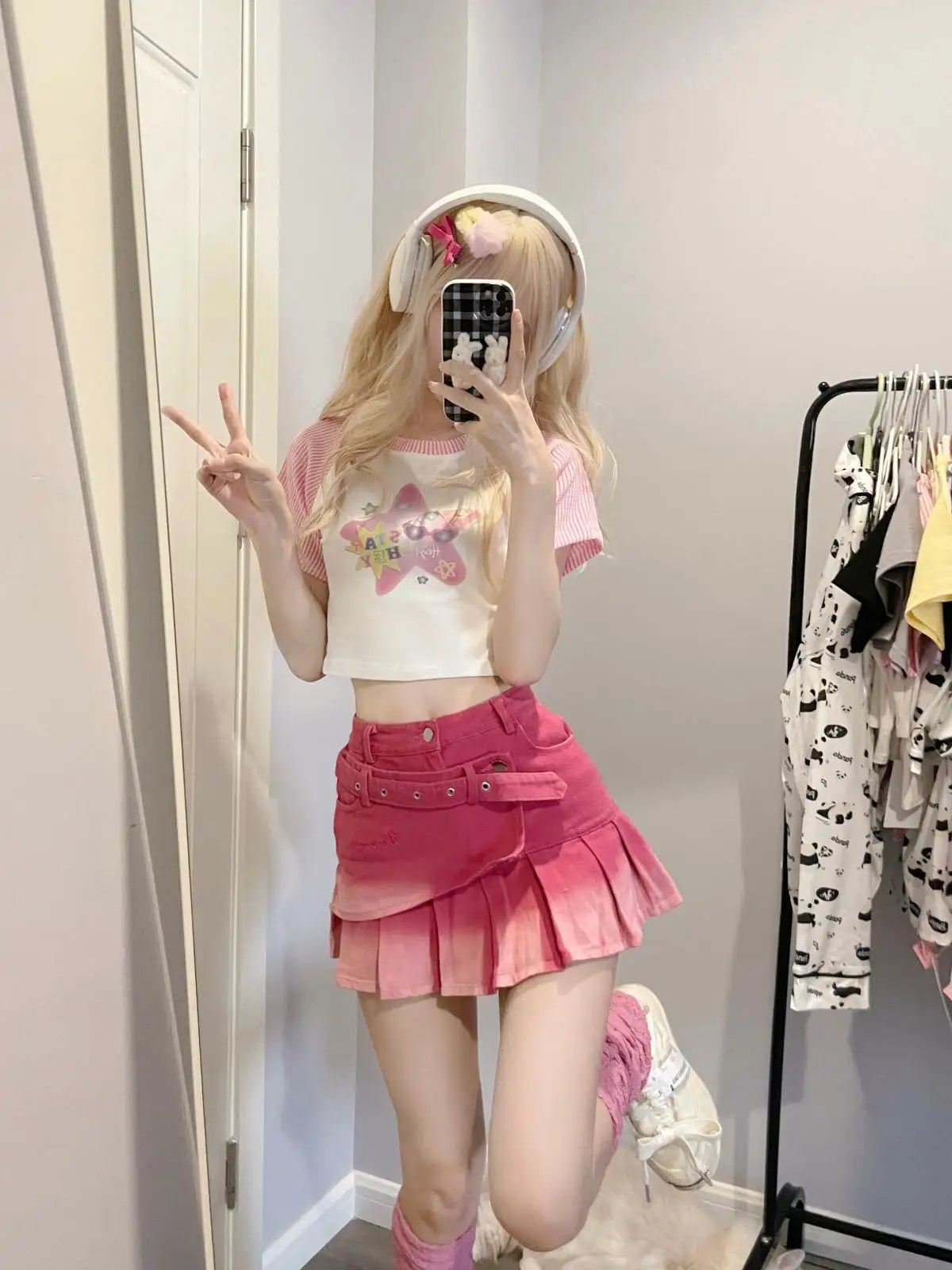 Women's Spring/Summer Barbie Pink Gradient Denim Short Skirt Fashion American Spicy Girl Y2K Subcultural Pleated Cute Skirt