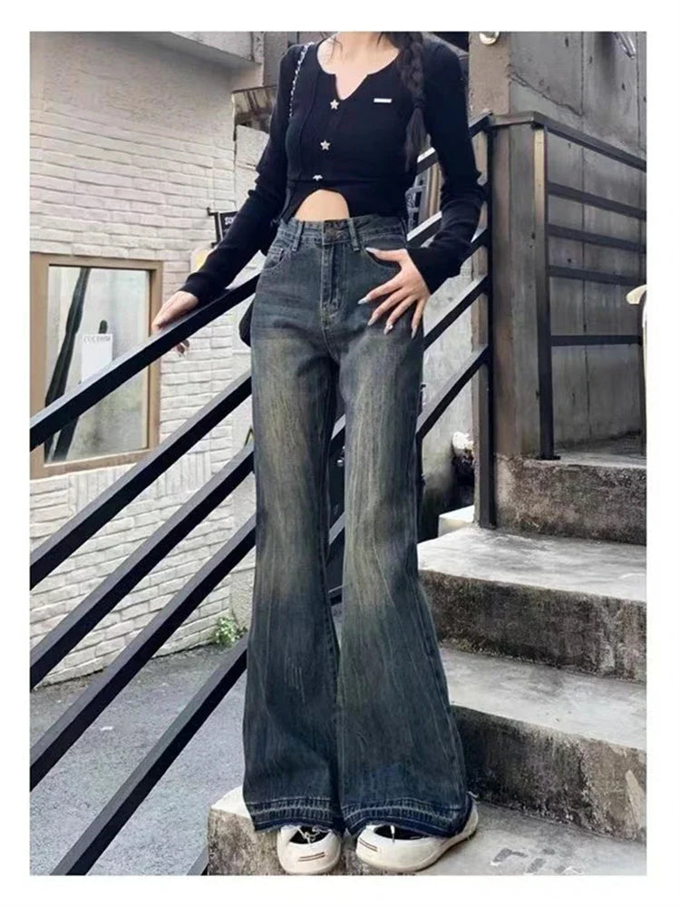 lovwvol Women's Retro Style Bell-bottom Jeans Jeans Cool Girl High Waisted Fashion Micro Flared Pants Female Straight Denim Trousers