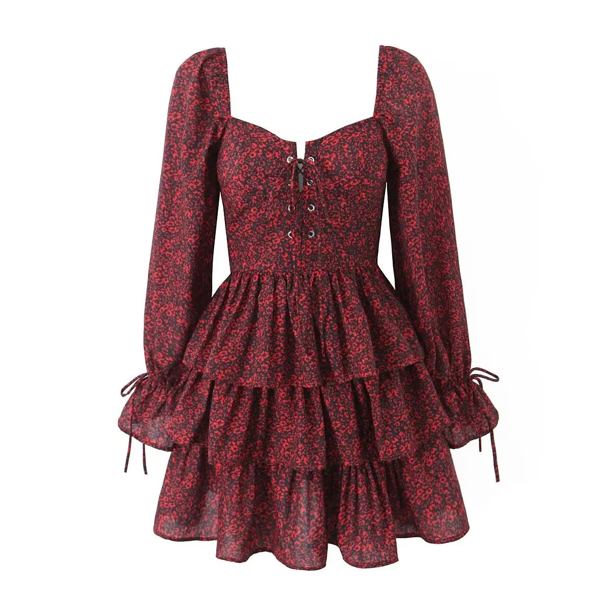 lovwvol  2024 Women Front Lacing Up Wine Red Floral Print Dress Vintage Puff Sleeve Layered Ruffle Hem Cake Mini Dress Holiday